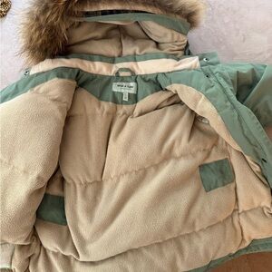 Mini A Ture Green and Beige Kids Winter Jacket with Faux Fur Hood